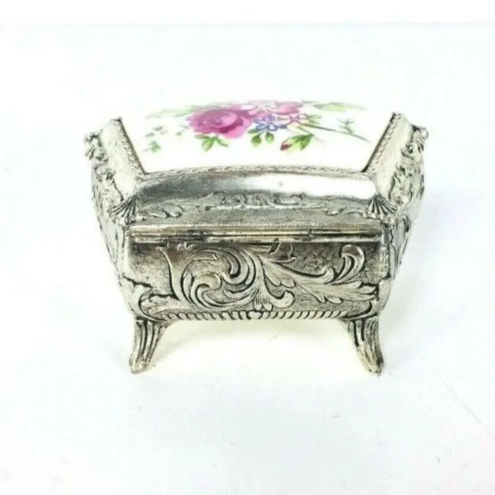 Vintage Silver and Porcelain Hand Painted Velvet Lined Jewelry Box Made Japan